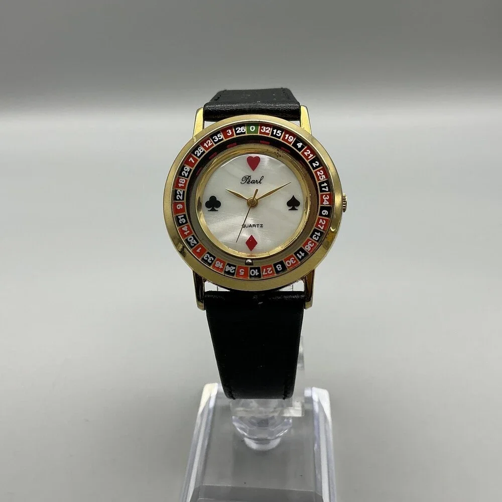 Vintage Pearl Unisex Watch 33mm MOP Casino Roulette Bezel Leather New Battery